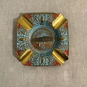 Vintage 1980s Handmade Greek Parthenon Ashtray Gold-Tone Enamel Art - 3.5"